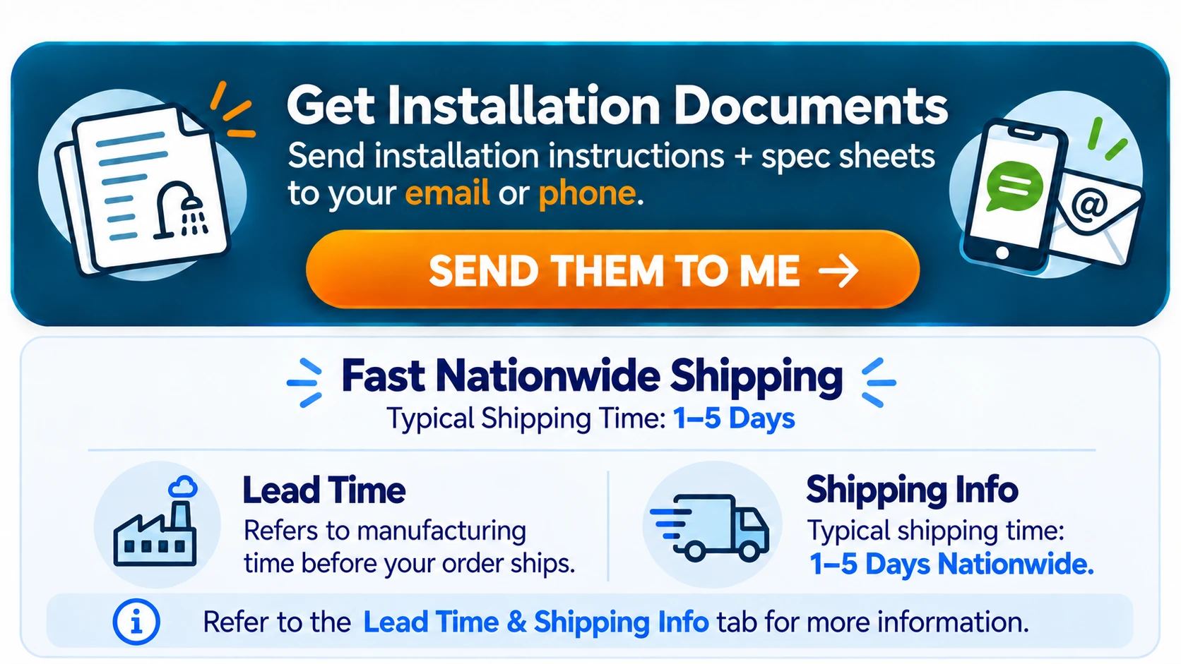 Get Installation Documents banner: send installation instructions and spec sheets to your email or phone from the product page