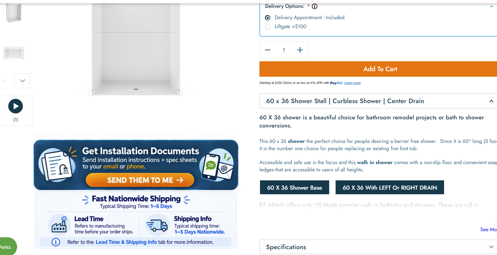 Get Installation Documents form where you choose installation instructions, spec sheets, lead time and shipping map