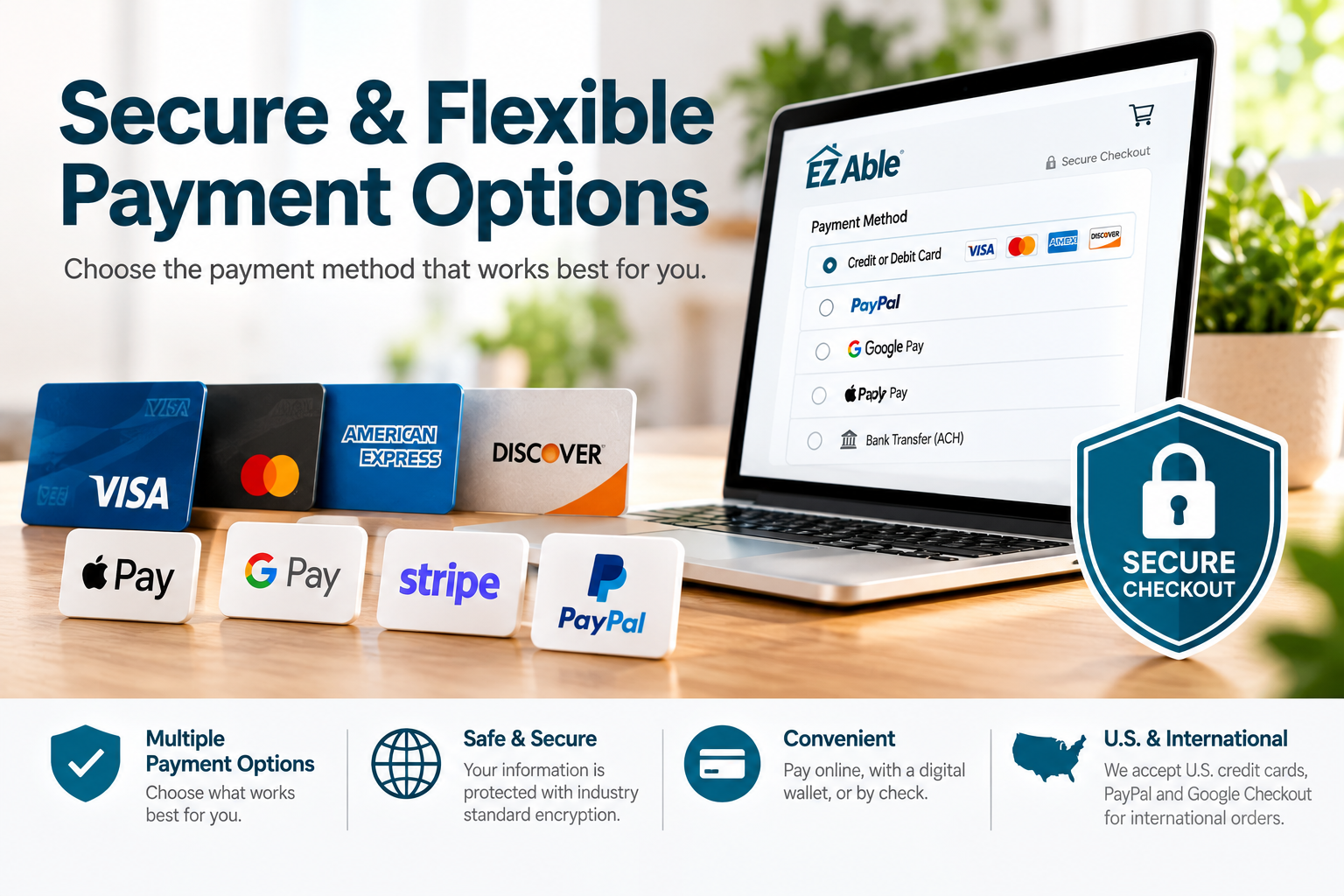 Payment options accepted at EZ Able: credit cards, digital wallets, PayPal, checks and money orders
