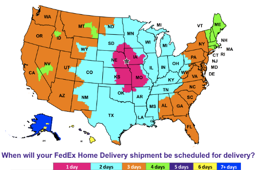 FedEx ground transit time map for QuickDrain shipments