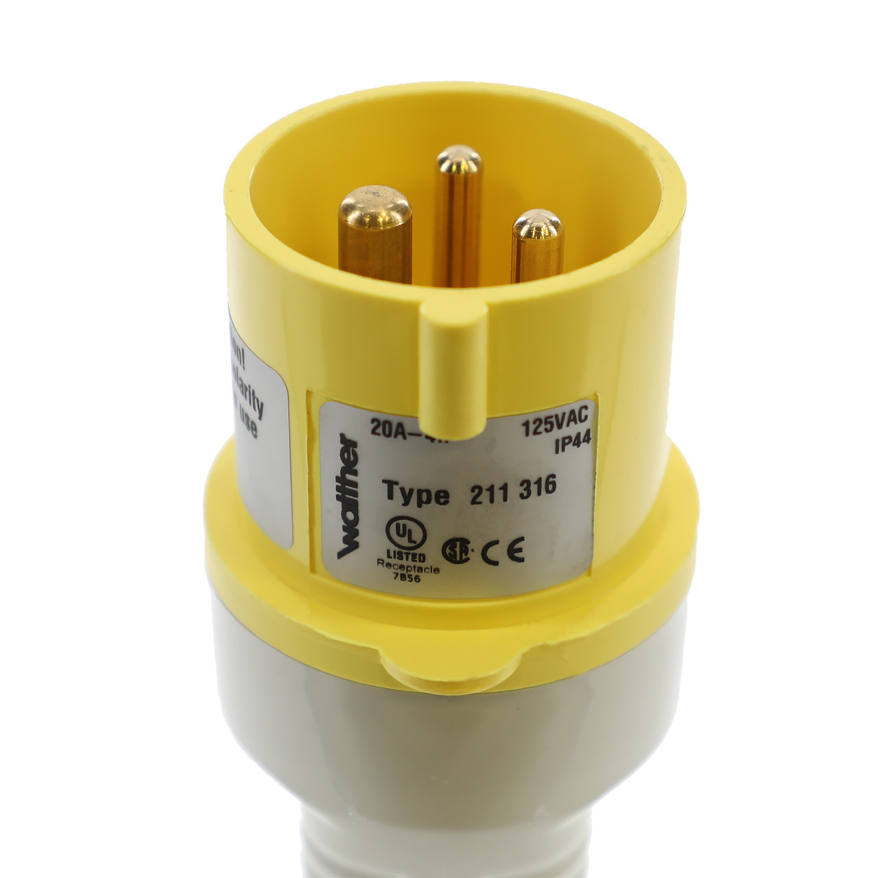 Walther Electric 211316 Pin and Sleeve Plug 20A 3 Wire 125 VAC 4Hr IP44  Splashproof - 320P4 Industrial Grade IEC (Yellow)