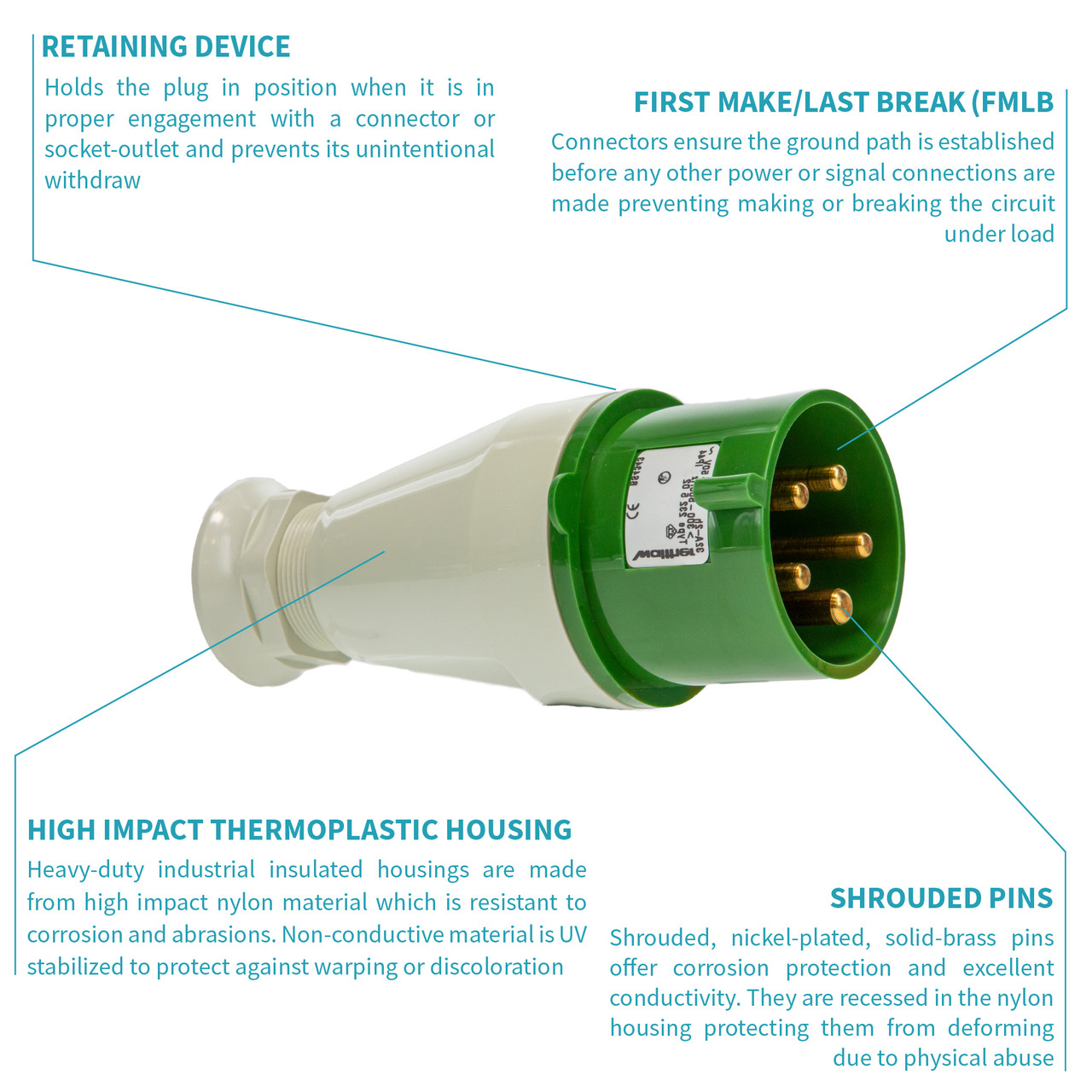 Walther Electric 232502 Pin and Sleeve Plug 30A 5 Wire 50-600 400 Hz VAC 2Hr IP44 Splashproof - 530P2 Industrial Grade IEC (Green)