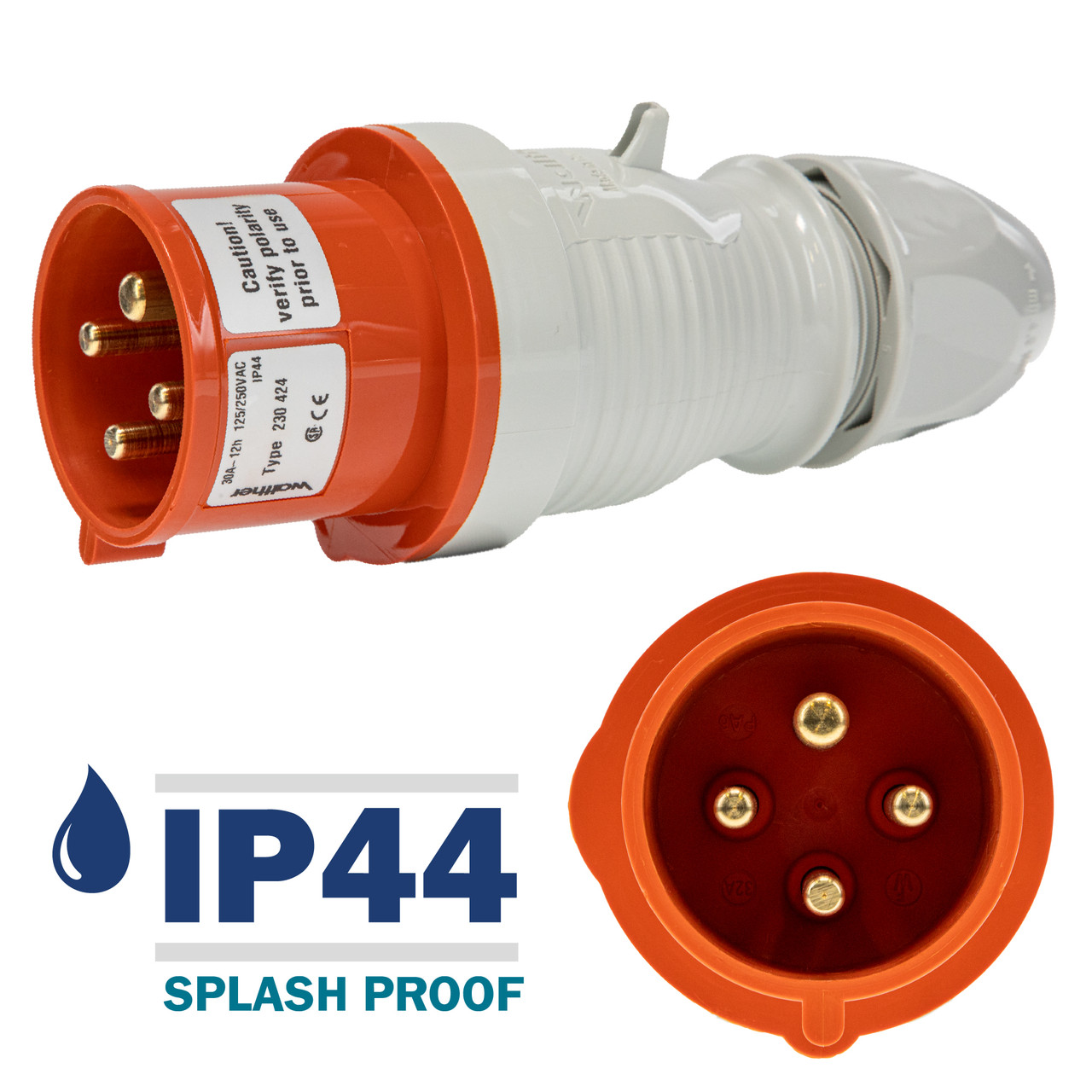 Walther Electric 230424 Pin and Sleeve Plug 30A 4 Wire 125/250 VAC 12Hr IP44 Splashproof - 430P12 Industrial Grade IEC (Orange)