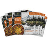 ReadyWise 6 Pack Chili Mac with Beef, packaged adventure meal in outdoor-themed pouches featuring mountain and forest landscape, suitable for camping and hiking.