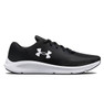 Under Armour Charged Pursuit 3 Running Shoes, black athletic shoes with white sole and Under Armour logo, designed for running and athletic performance.