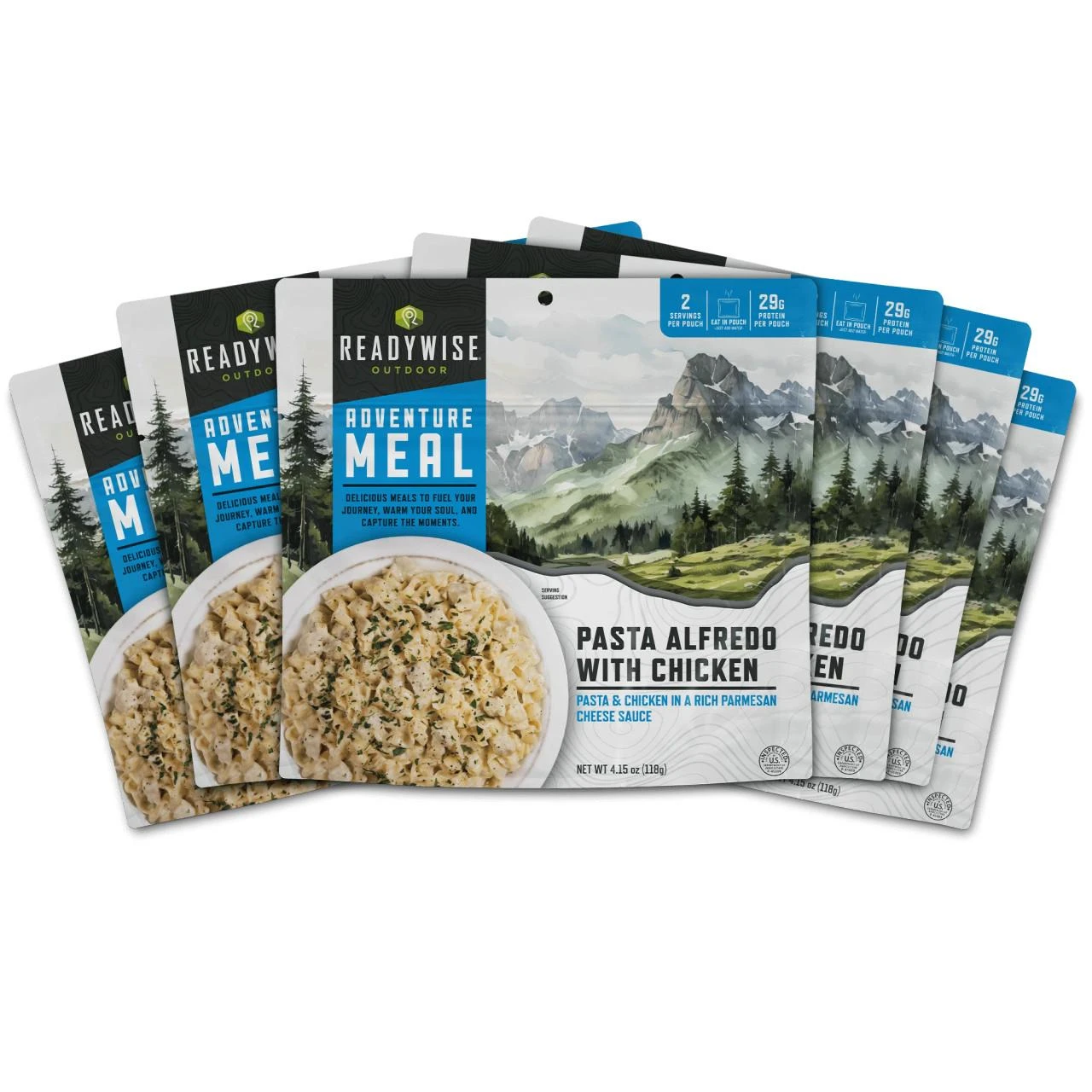 ReadyWise 6 Pack Pasta Alfredo with Chicken Casual Camper, image of multiple packages of dried pasta with chicken in a parmesan cheese sauce for outdoor meals.