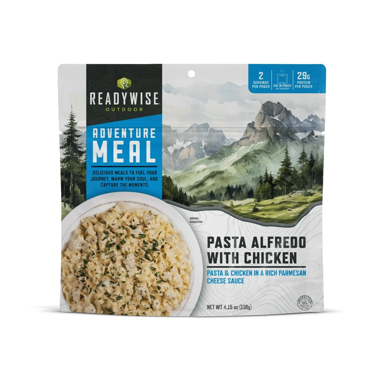 ReadyWise Readywise 6 Pack Pasta Alfredo with Chicken Casual Camper, packaged pasta meal with a mountain scenery illustration on the box.