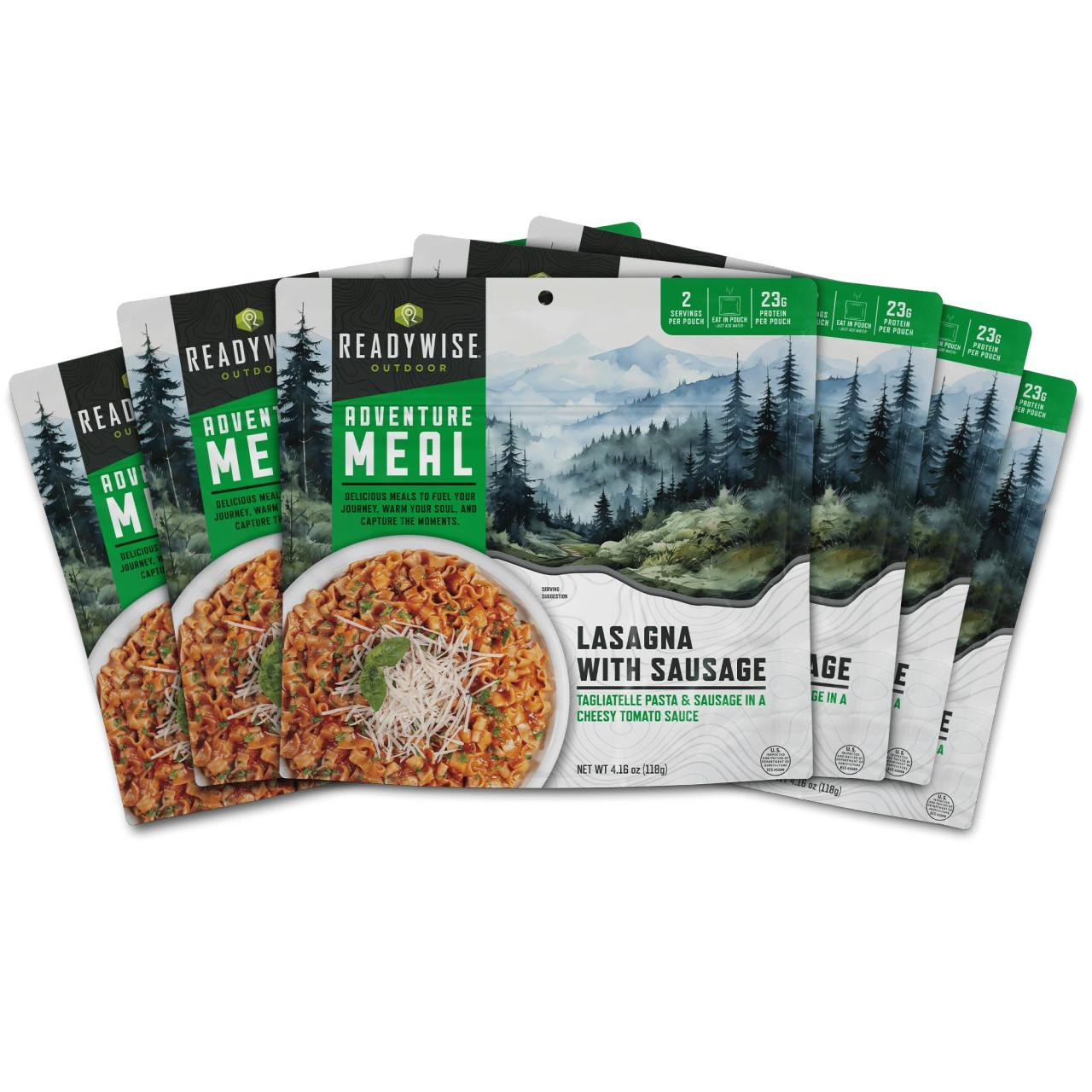 ReadyWise 6 Pack Lasagna with Sausage, casual camper meal outdoor packaging with mountain scene and pasta dish with cheese and sausage