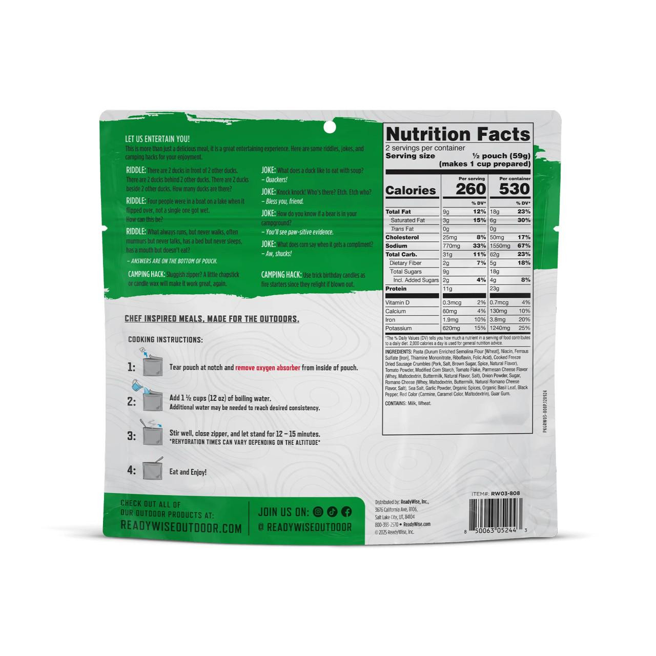 ReadyWise Readywise 6 Pack Lasagna with Sausage Casual Camper, packaging back showing nutrition facts, cooking instructions, and product details.