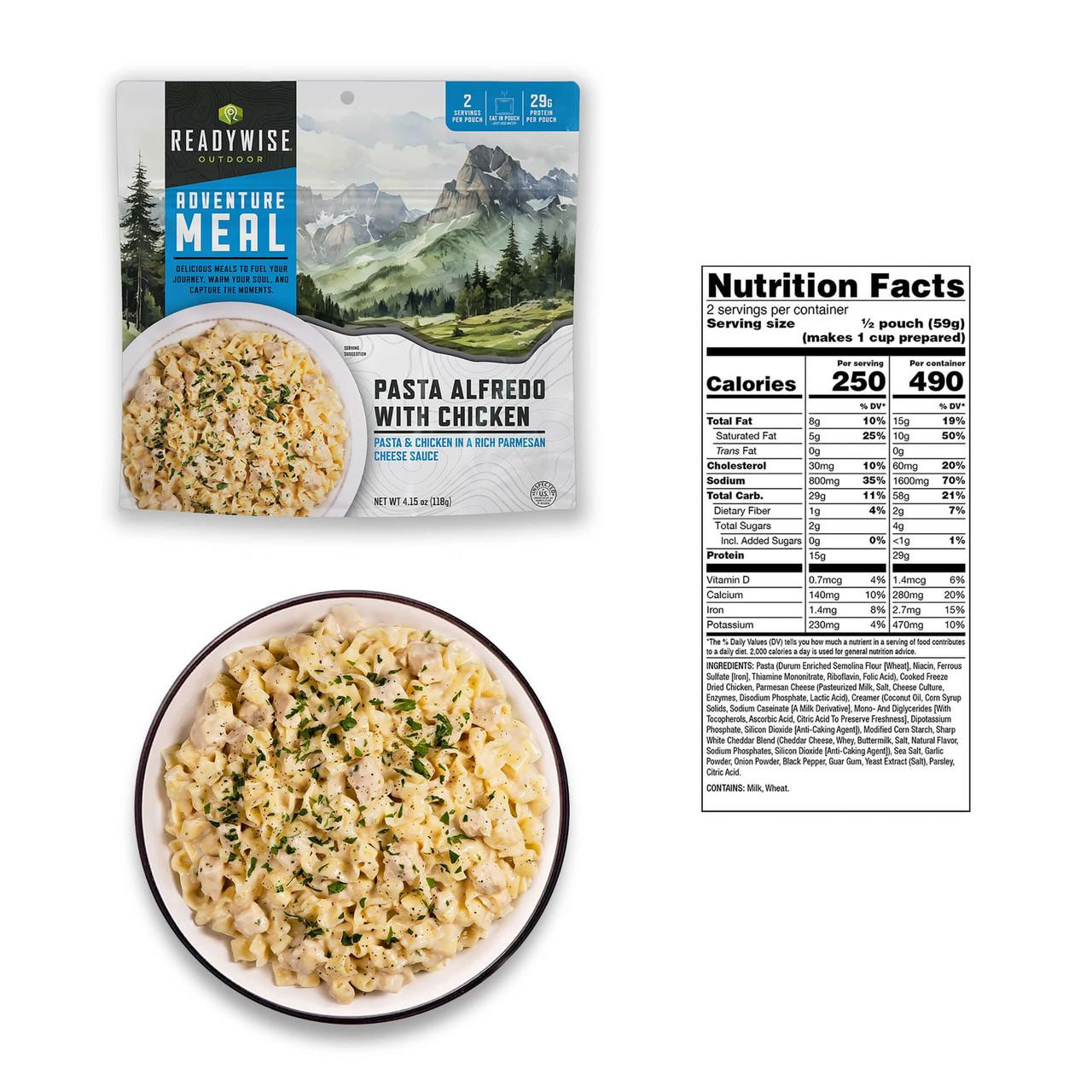 ReadyWise Outdoor Adventure Hunting Bucket, packaged meal of pasta alfredo with chicken in a rich parmesan cheese sauce, served on a white plate and showcasing the product's packaging design.
