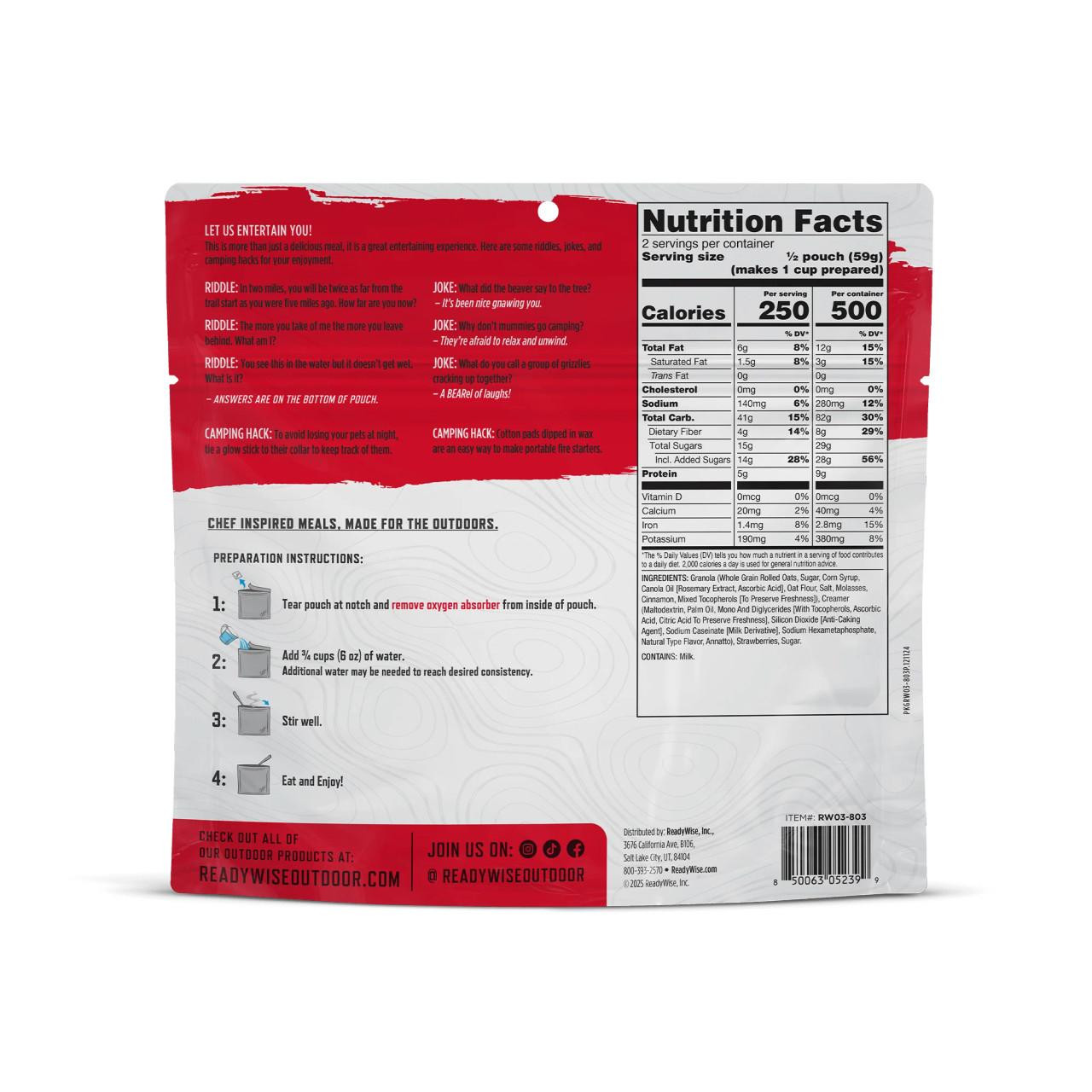ReadyWise 6 Pack Strawberry Granola Crunch Casual Camper, back view of the product packaging showing nutrition facts, ingredients, and preparation instructions.