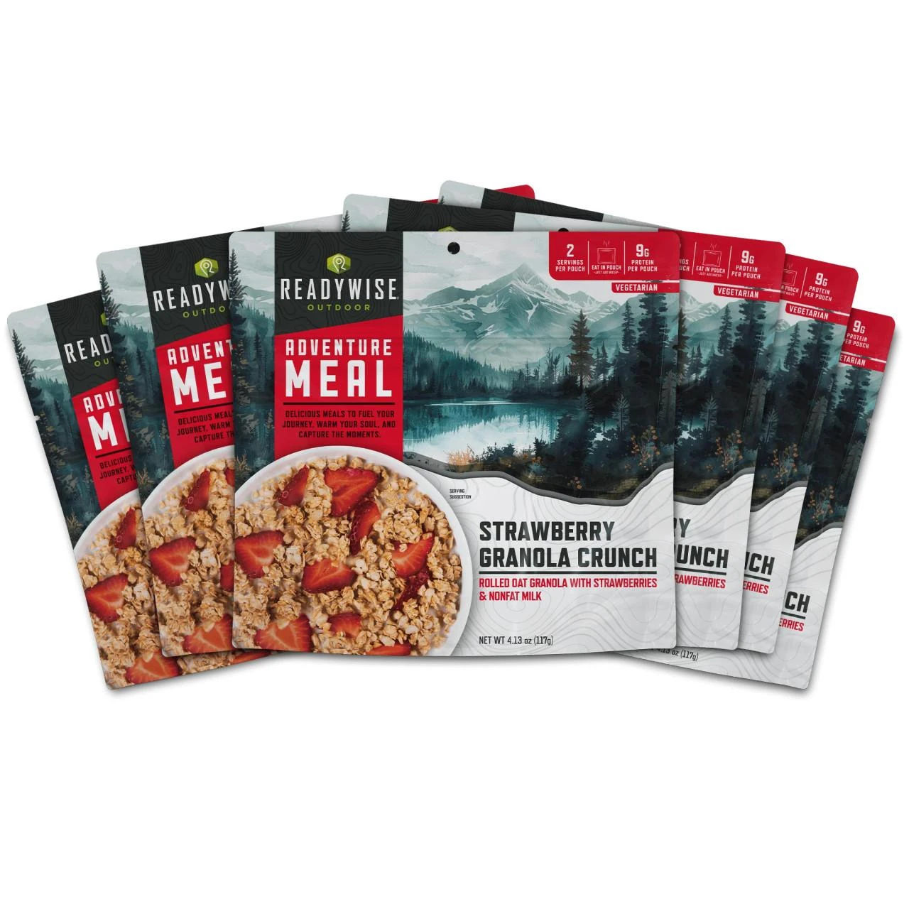 ReadyWise Readywise 6 Pack Strawberry Granola Crunch, rolled oat granola with strawberries and nonfat milk for camping or outdoor adventures.