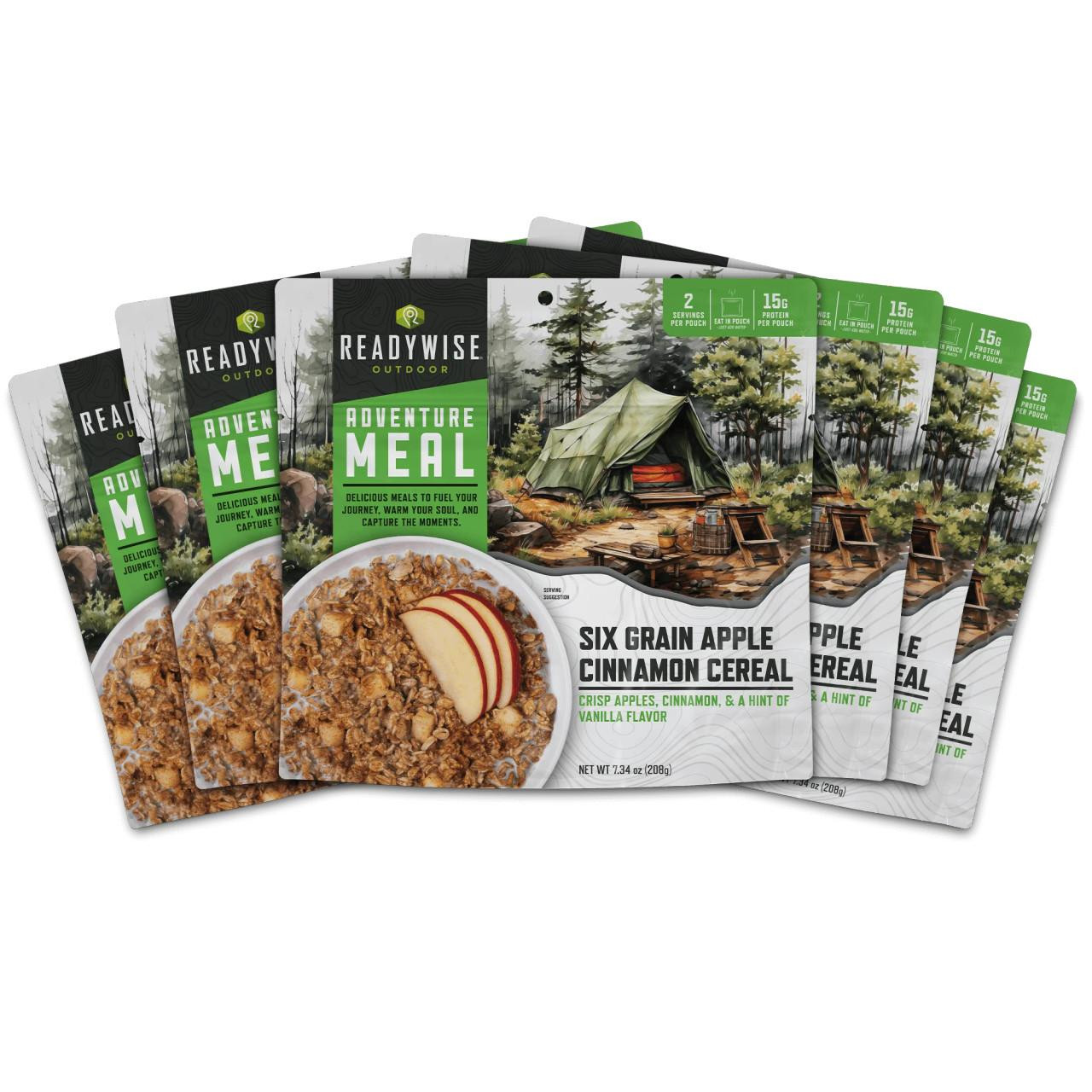 ReadyWise 6 Pack Apple Cinnamon Cereal, image showing five pouches of cereal with camping adventure theme and a bowl of cereal with apple slices on top.
