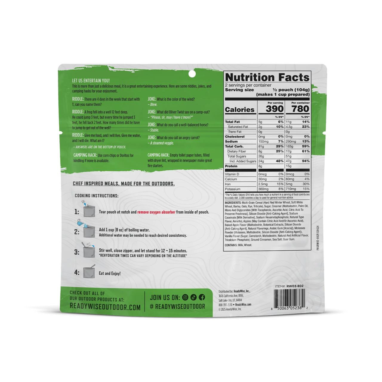 ReadyWise 6 Pack Apple Cinnamon Cereal Casual Camper, back view of the cereal package showing nutrition facts, cooking instructions, and camping tips.