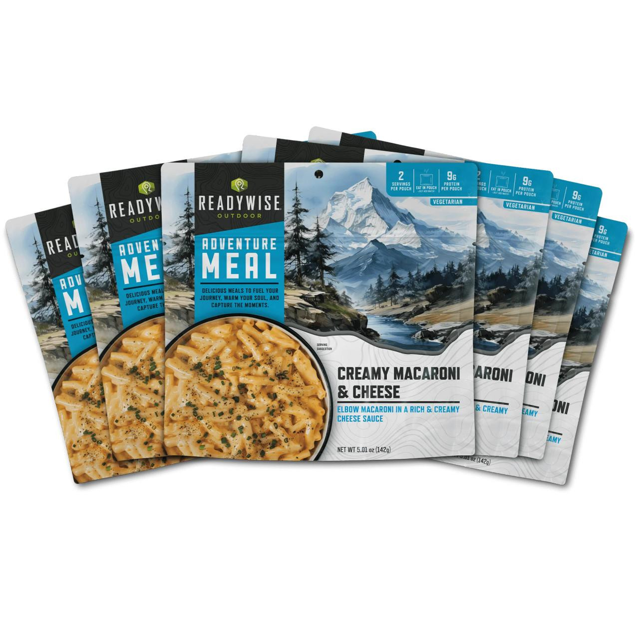 ReadyWise 6 Pack Mac & Cheese Casual Camper, camping food supplies with creamy macaroni and cheese in a resealable pouch featuring mountain landscape design.