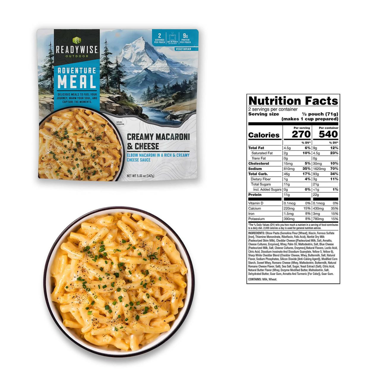ReadyWise Readywise 2-Day Adventure Meal Kit, image of a prepared creamy macaroni and cheese dish in a bowl served as part of the outdoor adventure meal kit.