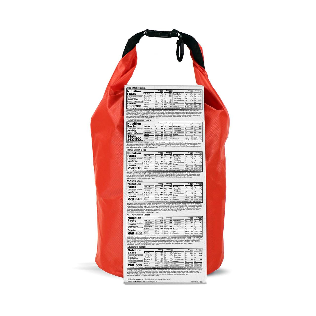 ReadyWise Readywise 2-Day Adventure Meal Kit, red survival bag with nutritional label sheets attached to the front.