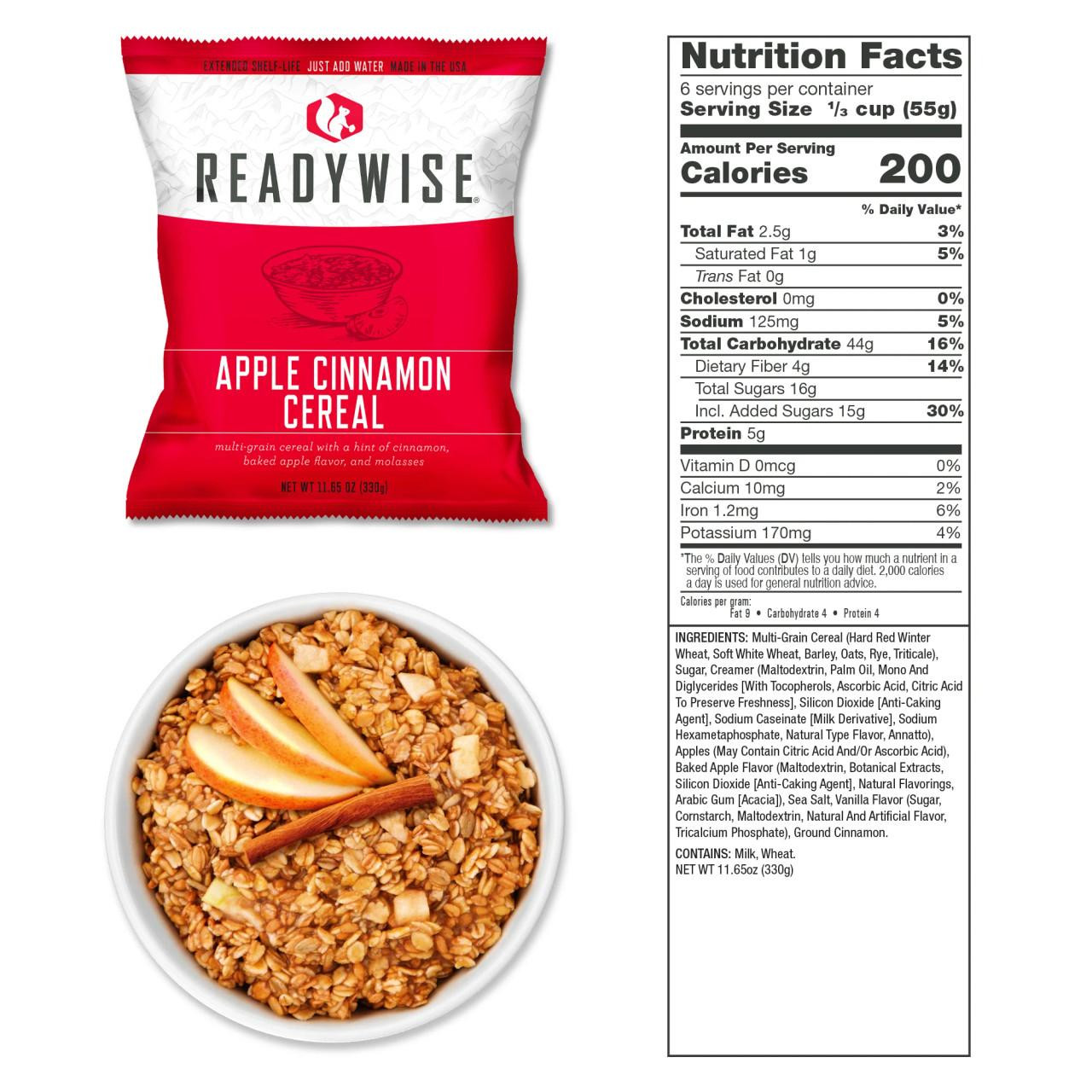 ReadyWise Readywise 52 Serving Emergency Food - Prepper Pack Bucket, packaging with an image of apple cinnamon cereal and a bowl of cereal with apple slices and cinnamon stick.
