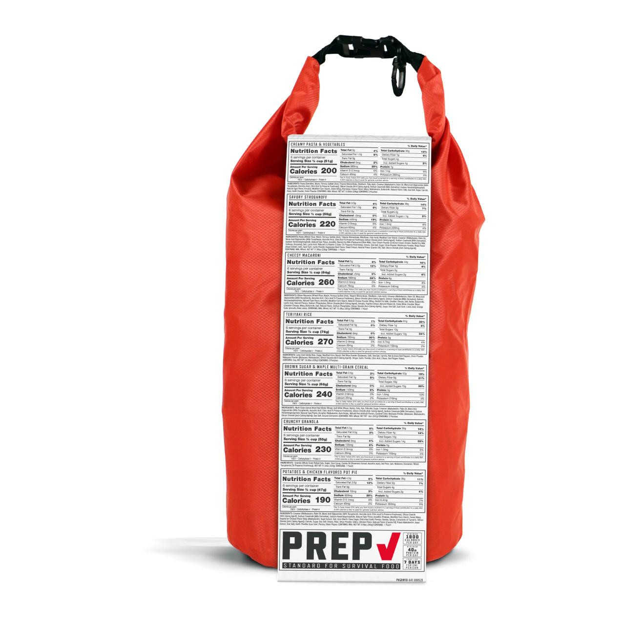 ReadyWise Readywise 7-Day Emergency Food Dry Bag - 60 Servings, red survival food supply bag with nutrition facts label visible on the front.