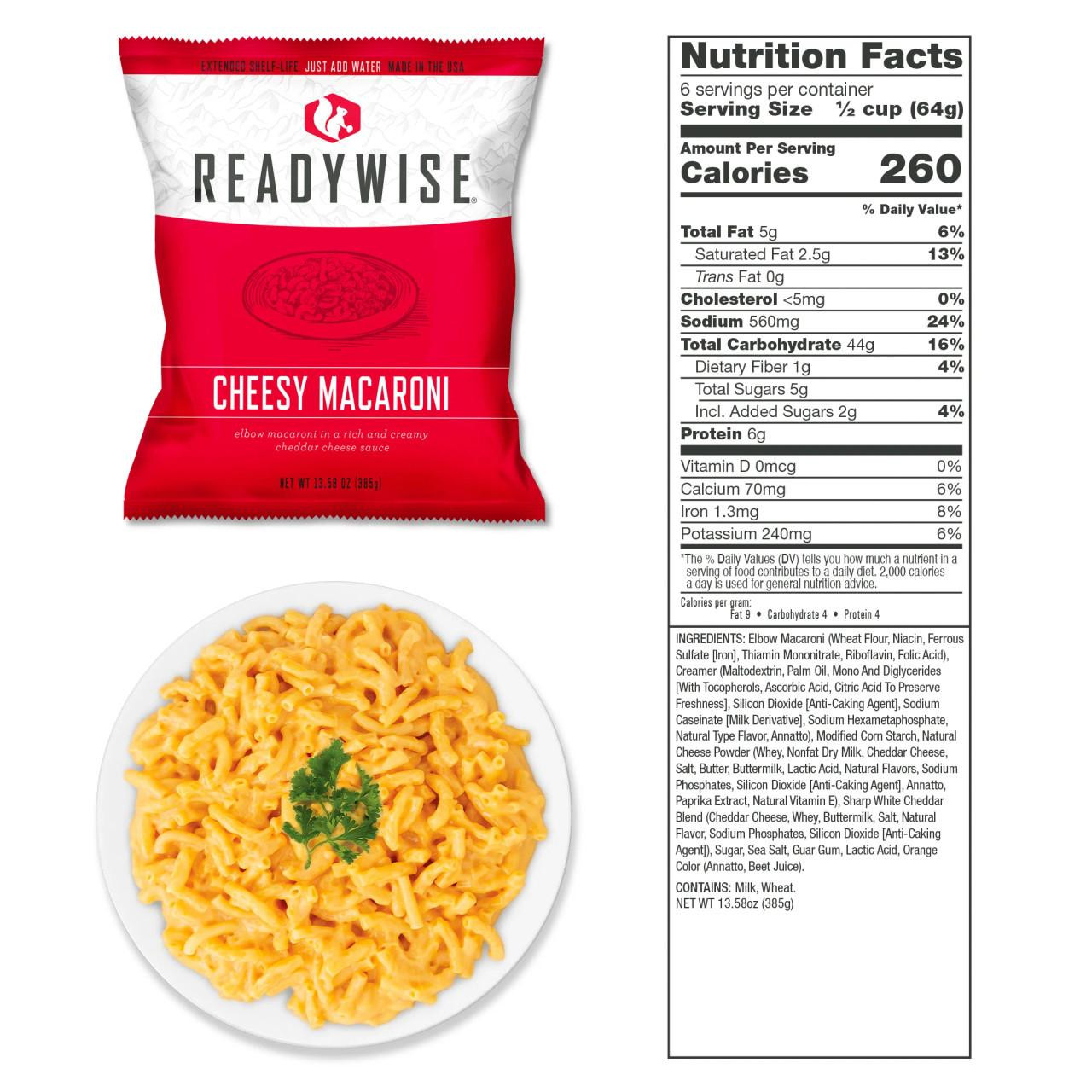 ReadyWise 7-Day Emergency Food Dry Bag - 60 Servings, packet of cheesy macaroni with a plate of prepared cheesy macaroni garnished with herbs.