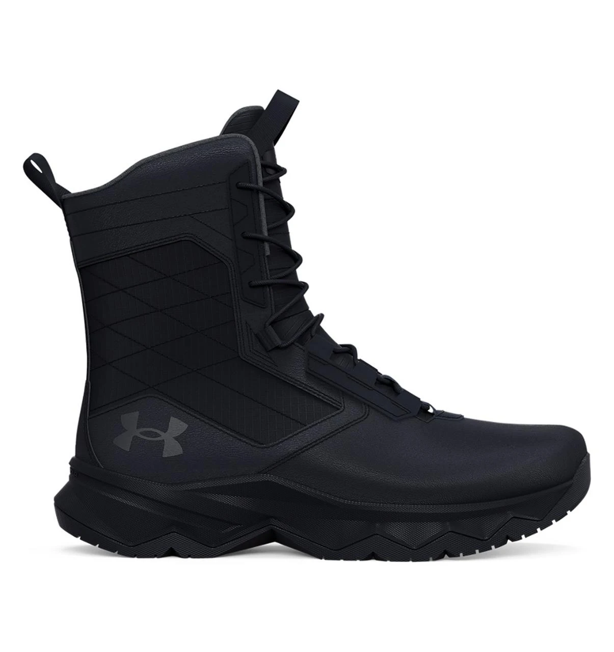 Under Armour Stellar G2 Tactical Boots, black high-top tactical boots with durable synthetic material and rugged rubber outsole for enhanced traction and support.