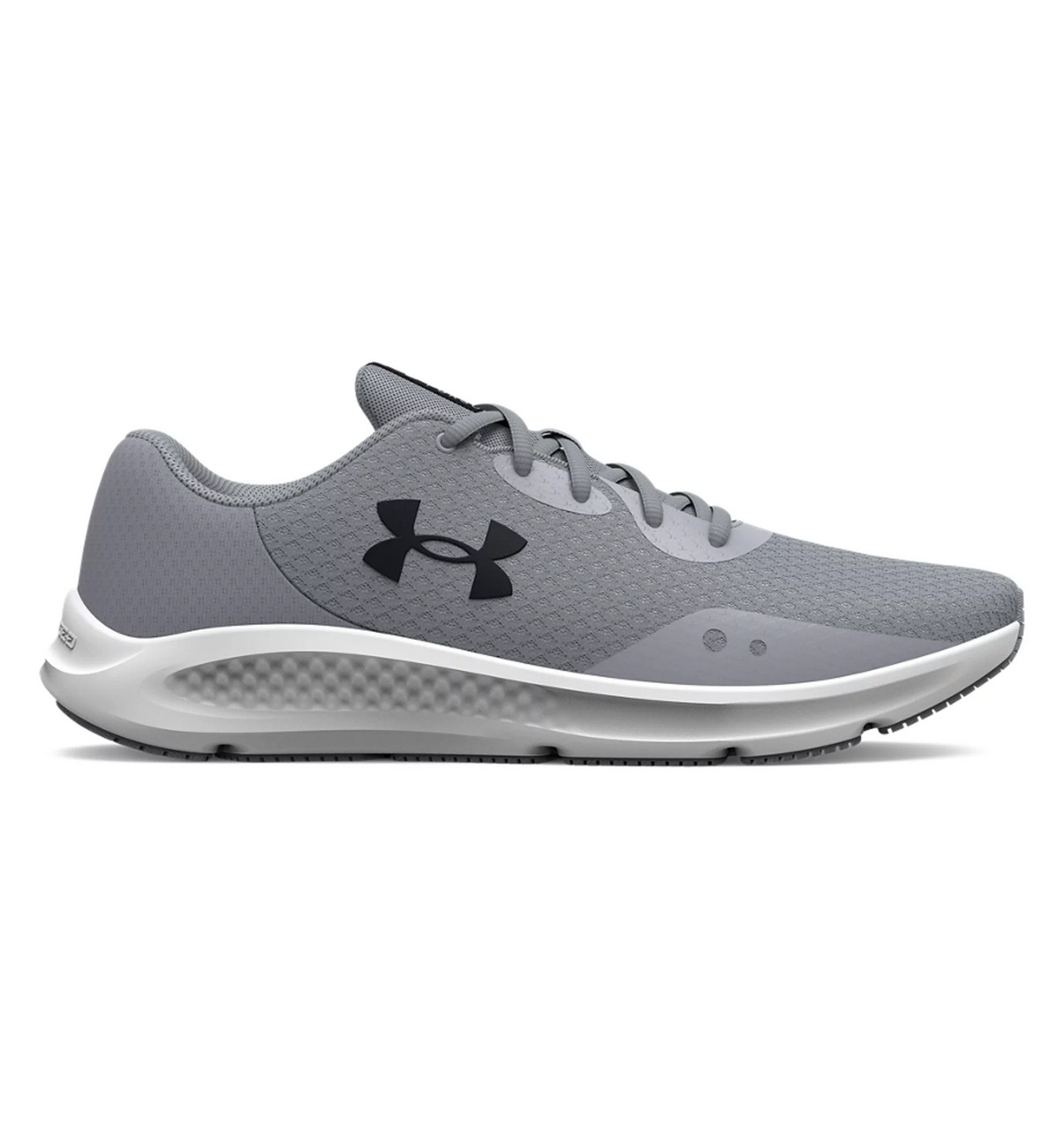 Under Armour Charged Pursuit 3 Running Shoes, grey athletic shoes with black logo and white sole, designed for running and sports.