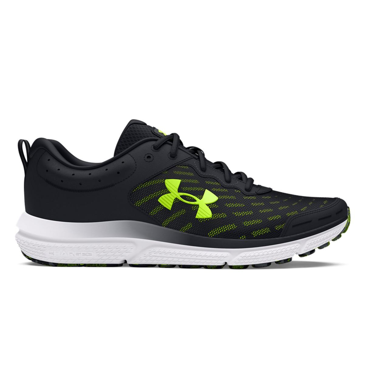 Under Armour Charged Assert 10 Running Shoes, black and neon yellow athletic sneaker with breathable mesh upper and cushioned sole designed for running and sports performance.