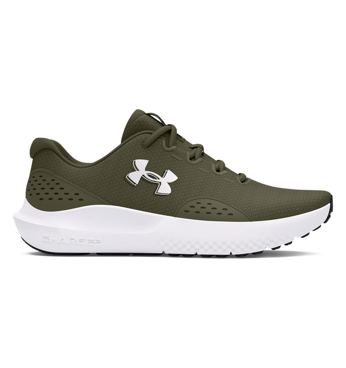 Under Armour UA Surge 4 Running Shoes, olive green athletic shoes with white sole and black outsole, featuring Under Armour logo on the side.