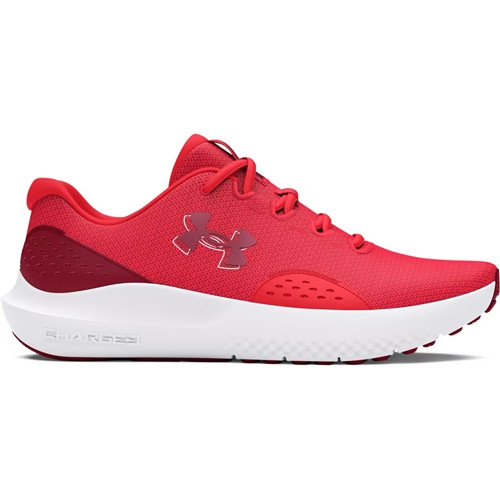 Under Armour UA Surge 4 Running Shoes, red athletic sneakers with breathable mesh upper, cushioned midsole, and lacing system for comfort and performance.