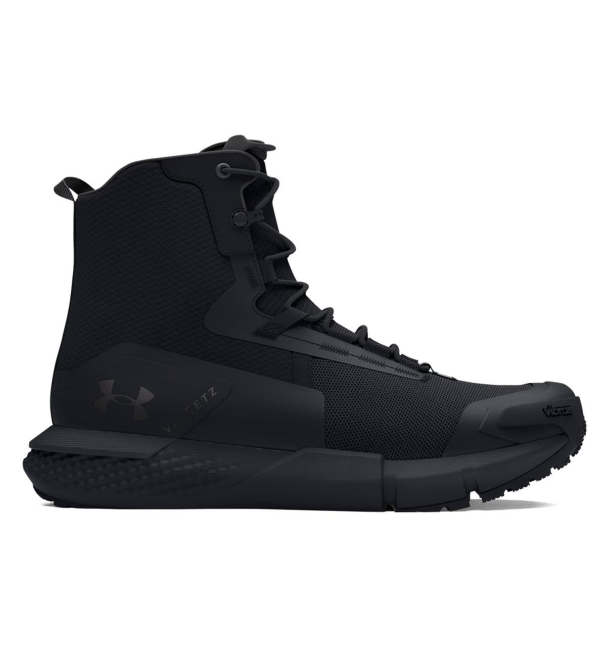 Under Armour Women's Valsetz Tactical Boots - Black, black high-top tactical boots with rugged design and lace-up closure showing durability and style for tactical or outdoor activities.