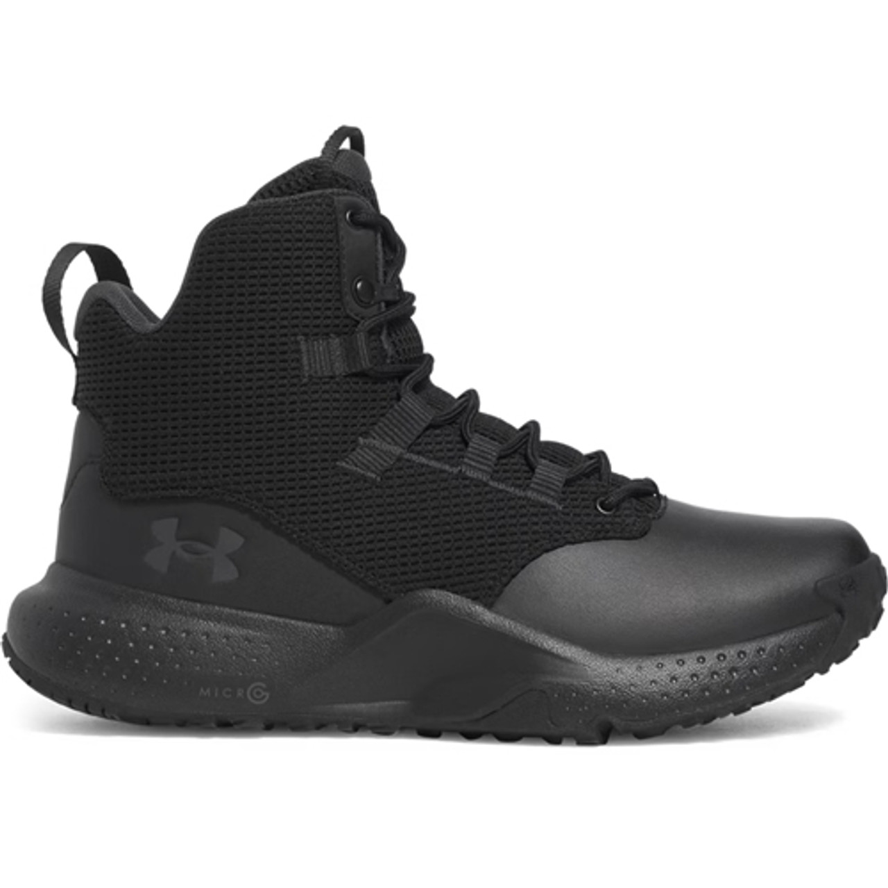Under Armour UA Micro G Stellar Mid, black athletic sneaker with high ankle support and cushioned sole.