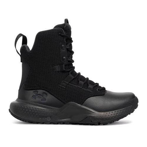 Under Armour Women's Micro G Stellar 8" Tactical Boot, black tactical boot with mesh and leather upper, cushioned midsole, and rugged outsole for durability and support.