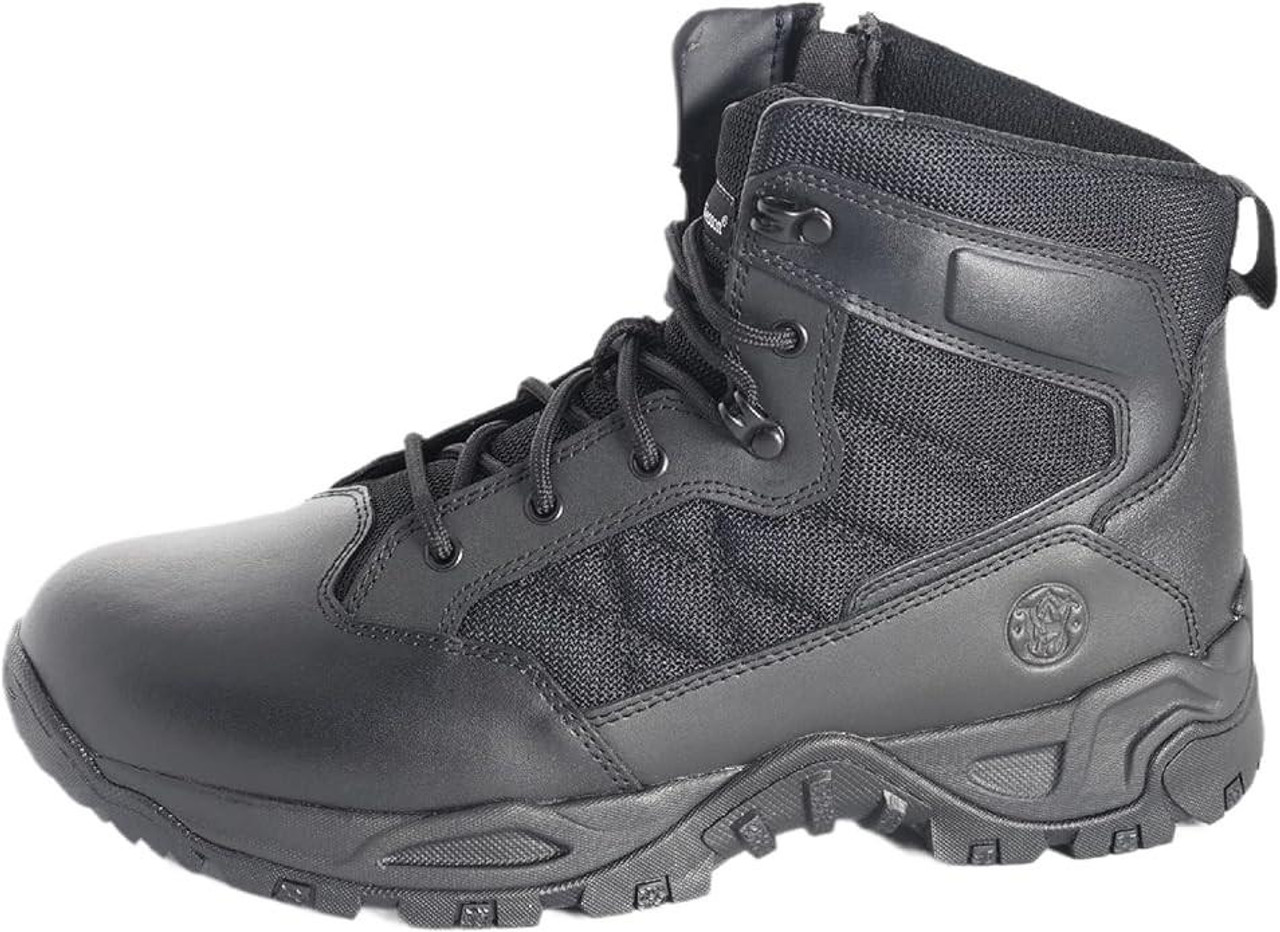 Smith & Wesson Footwear Smith & Wesson Scout 6" Hot Weather Side-Zip Polishable Toe - Black, tactical boots with side zipper, durable leather and mesh upper, rugged outsole, breathable design, and polished toe for outdoor and work use.