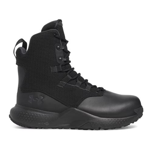 Under Armour Micro G Stellar Protect Tactical Boots, black high-top combat boots with mesh and leather upper, cushioned midsole, and rugged sole designed for tactical use and durability.