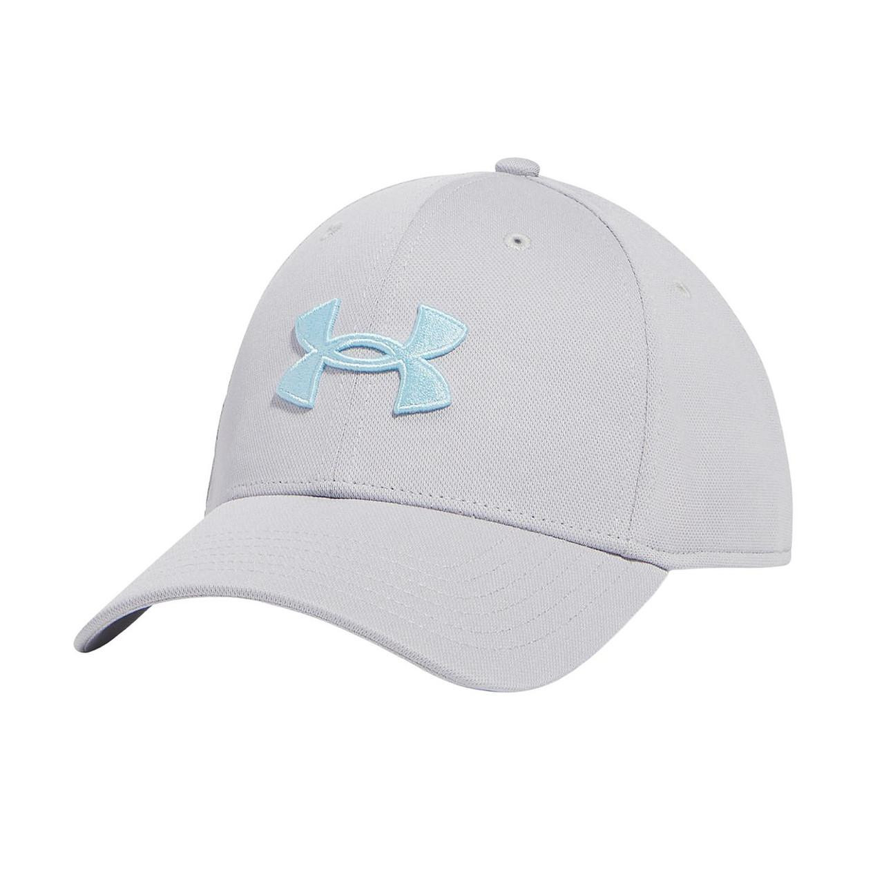 Under Armour Men's Blitzing Hat/Cap, light gray sports cap with a curved brim and blue Under Armour logo embroidery.
