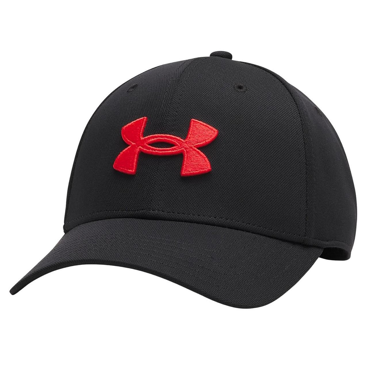 Under Armour Men's Blitzing Hat/Cap, black athletic cap with red embroidered Under Armour logo on the front.