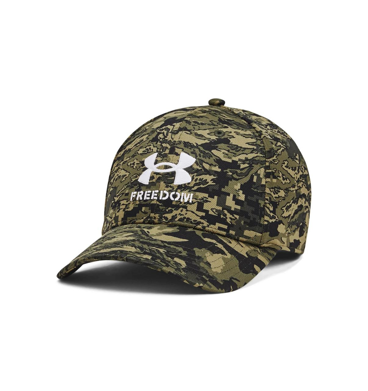 Under Armour Freedom Blitzing Hat, camouflage baseball cap with curved brim and Under Armour logo and 'FREEDOM' text embroidered on front.