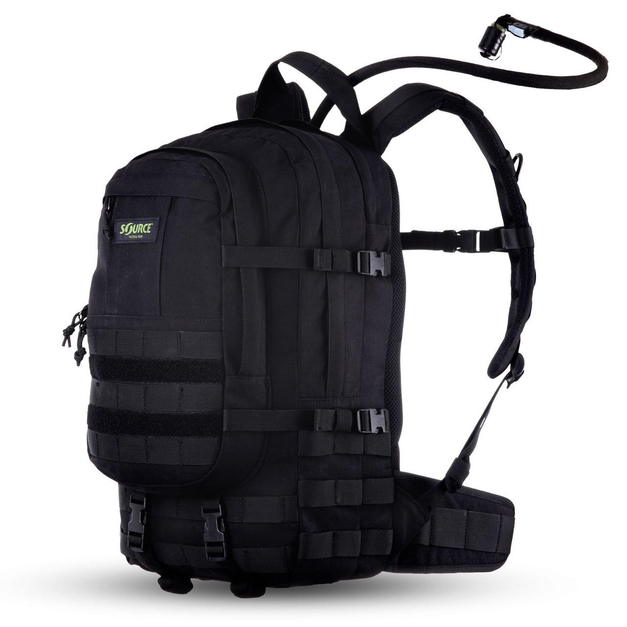 Source Tactical Assault 20L Cargo & 3L Hydration Pack Combo, black tactical backpack with hydration bladder hose and multiple compartments for outdoor and tactical activities.