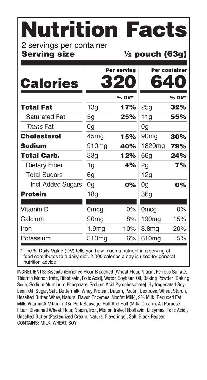 ReadyWise 6 Pack ReadyWise Pro Adventure Meal Homestyle Biscuits & Gravy with Sausage, product packaging with nutrition facts label and ingredient list.