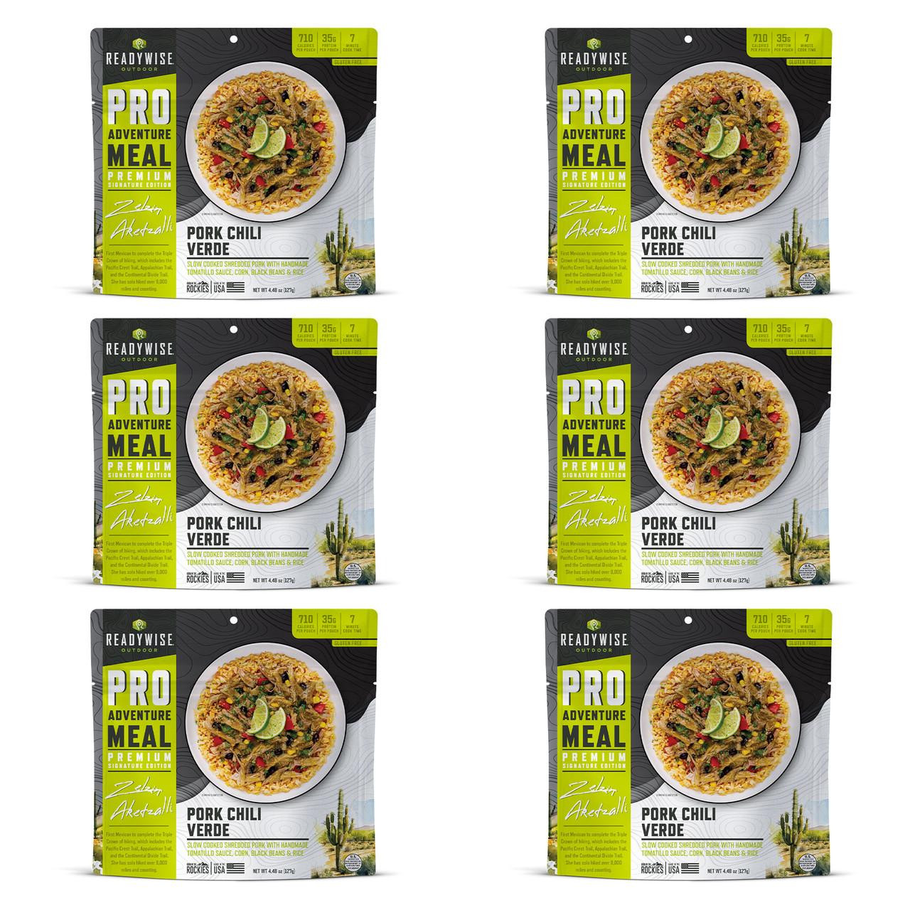 ReadyWise 6 Pack ReadyWise Pro Adventure Meal Pork Chile Verde, packaged freeze-dried meal with a vibrant label showing a plate of pork chili verde garnished with lime slices, desert landscape in the background.