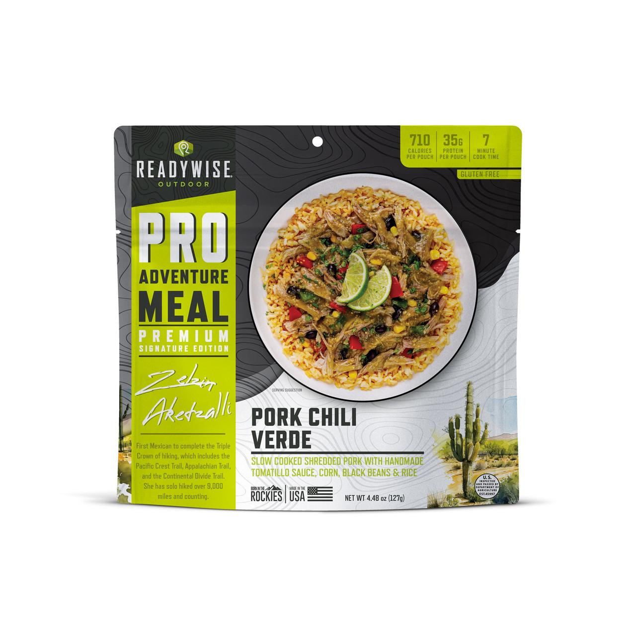 ReadyWise 6 Pack ReadyWise Pro Adventure Meal Pork Chile Verde, packaged dried meal with ingredients including shredded pork, tomatillo sauce, rice, black beans, corn, and vegetables, for outdoor and camping use.