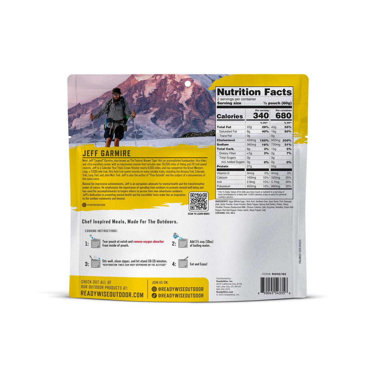 ReadyWise 6 Pack ReadyWise Pro Adventure Meal Breakfast Skillet, packaged outdoor meal with nutritional facts and cooking instructions.