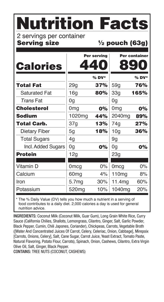 ReadyWise 6 Pack ReadyWise Pro Adventure Meal Thai Coconut Cashew Curry, nutrition facts label showing calorie, fat, carbohydrate, protein, and ingredient details.