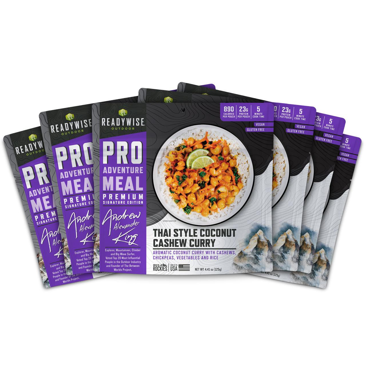 ReadyWise 6 Pack ReadyWise Pro Adventure Meal Thai Coconut Cashew Curry, image showing five individual pouches of the Thai coconut curry meal with a bowl of curry on the front packaging.