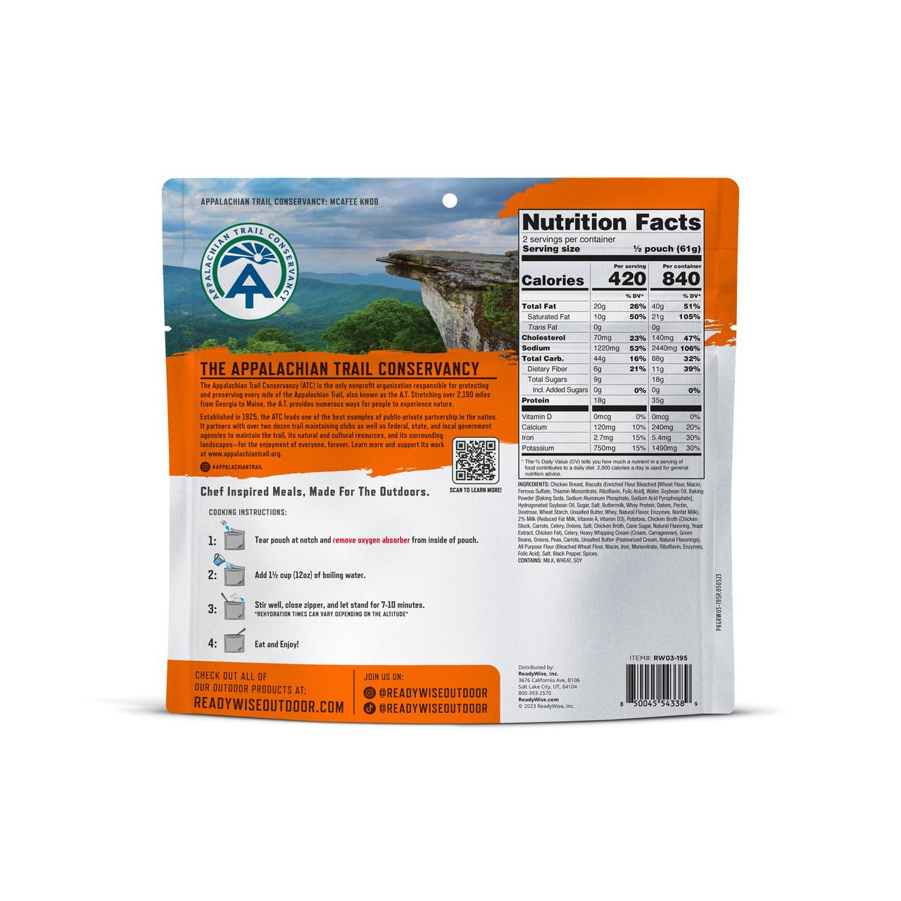 ReadyWise 6 Pack ReadyWise Pro Adventure Meal Classic Chicken Pot Pie, packaging with nutrition facts, cooking instructions, and landscape image of mountains.