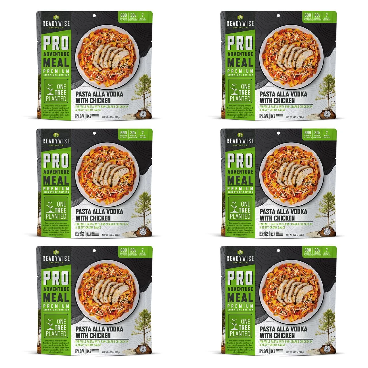ReadyWise 6 Pack ReadyWise Pro Adventure Meal Farfalle alla Vodka with Chicken, packaged outdoor ready meal with pasta, chicken, and creamy vodka sauce in six individual pouches.