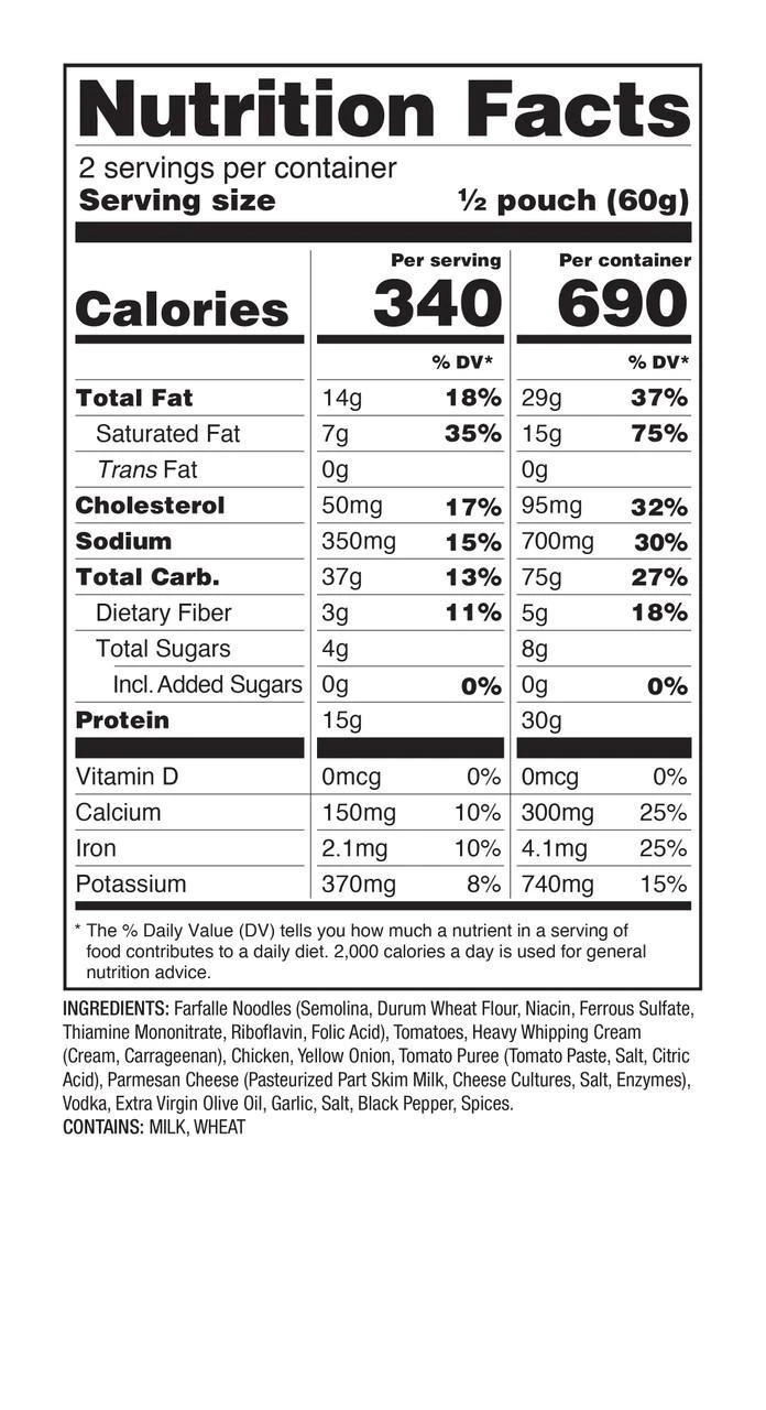 ReadyWise 6 Pack ReadyWise Pro Adventure Meal Farfalle alla Vodka with Chicken, nutrition facts label showing serving size, calories, fats, cholesterol, sodium, carbs, protein, vitamins, minerals, ingredients, and allergens.