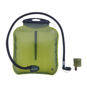 Source Tactical ILPS 3L Low Profile Hydration System, image showing a green low-profile hydration pack with a 3-liter capacity, flexible hose, and a valve for drinking water.