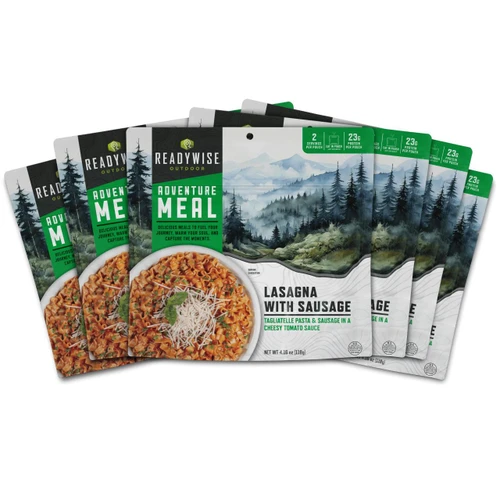 ReadyWise 6 Pack Lasagna with Sausage, casual camper meal outdoor packaging with mountain scene and pasta dish with cheese and sausage