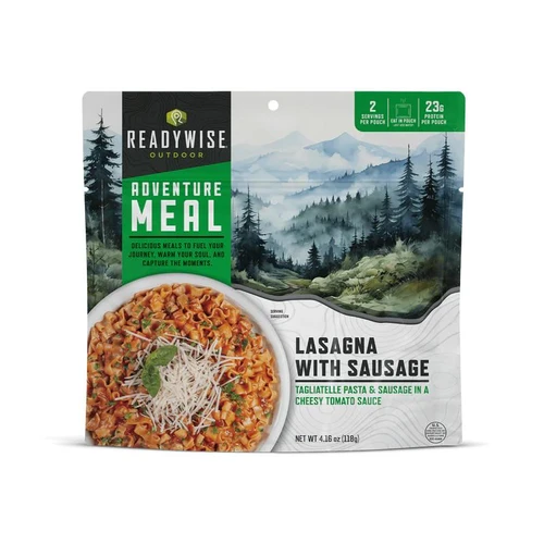ReadyWise 6 Pack Lasagna with Sausage Casual Camper, packaged meal in a resealable pouch with mountain landscape illustration, ready for outdoor camping or adventure trips.
